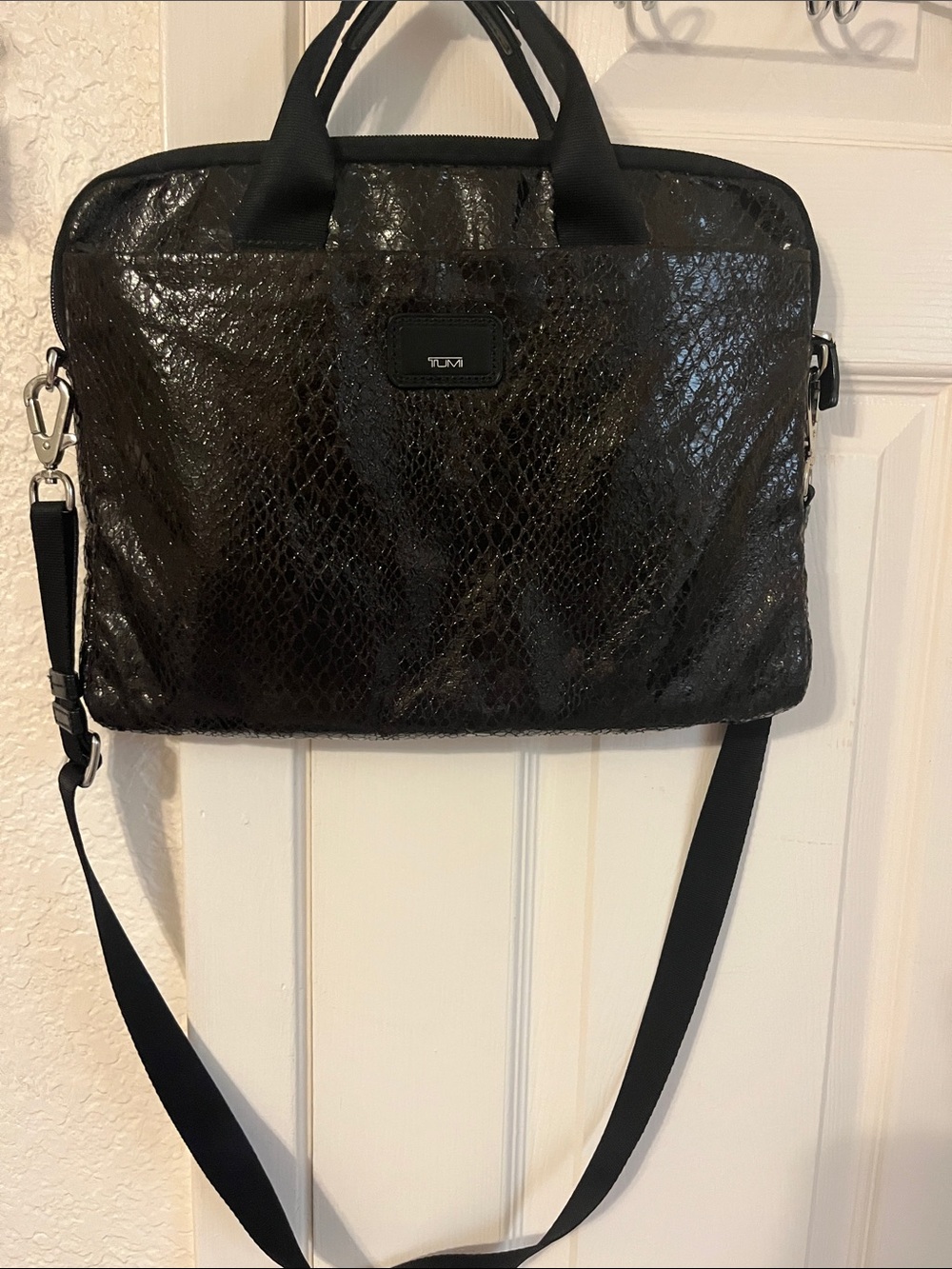Tumi Black Snakeskin-Texture Laptop Briefcase with Shoulder Strap